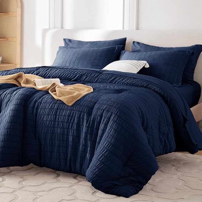 MUXHOMO 5 Pieces Twin Comforter Set, Seersucker Bed in a Bag Twin Size, All Season Luxury Bedding Set with Comforter, Flat Sheet, Fitted Sheet, Pillowcase & Sham, Navy Blue