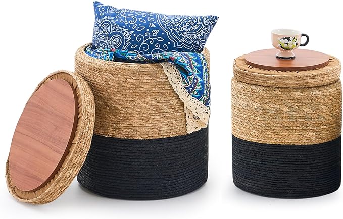 Wimarsbon Round Pouf Ottomans, Handwoven Natural Water Hyacinth Seagrass Pouffe,Outdoor Rattan Stool Accent Seat, Bohemian Coastal Home Decor (Cattail Nested Set-Black)