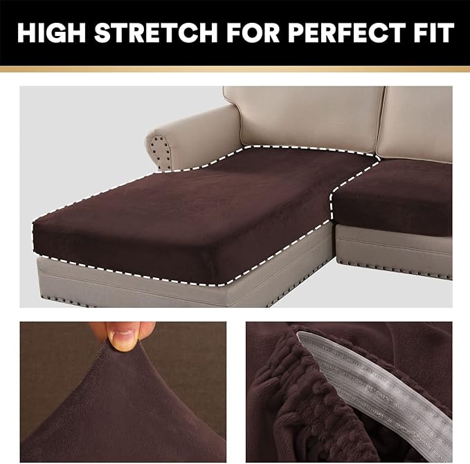 PrinceDeco Sectional Couch Covers 4 Pieces Velvet Separate Couch Cushion Covers L Shape for Left/Right Chaise Sectional Couch with Elastic Bottom (3 Seater + 1 Chaise,Brown)