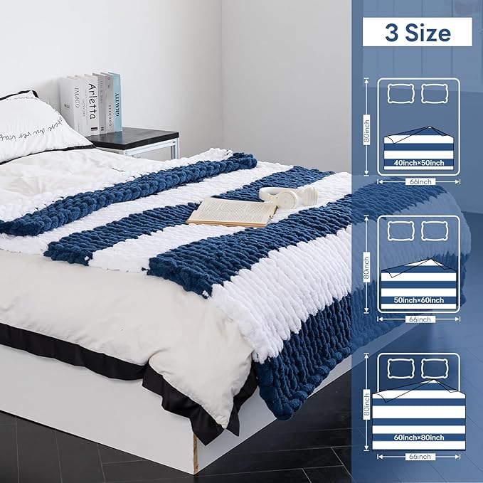 Chunky Knit Blanket - Luxury Soft Cozy 50 * 60 Throw Blanket,100% Woven Blanket Rope Knot Throw Blanket for Couch, Sofa, Home Decor, Gift - Machine Washable（White/Deep Blue）