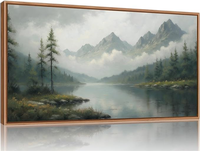 SIGNINART Large Misty Mountain Framed Canvas Wall Art, Green Forest River Scenery Wall Decor, Modern Foggy Wooden Landscape Artwork, Oil Style Nature Art Print for Living Room Bedroom Office 20"x40"