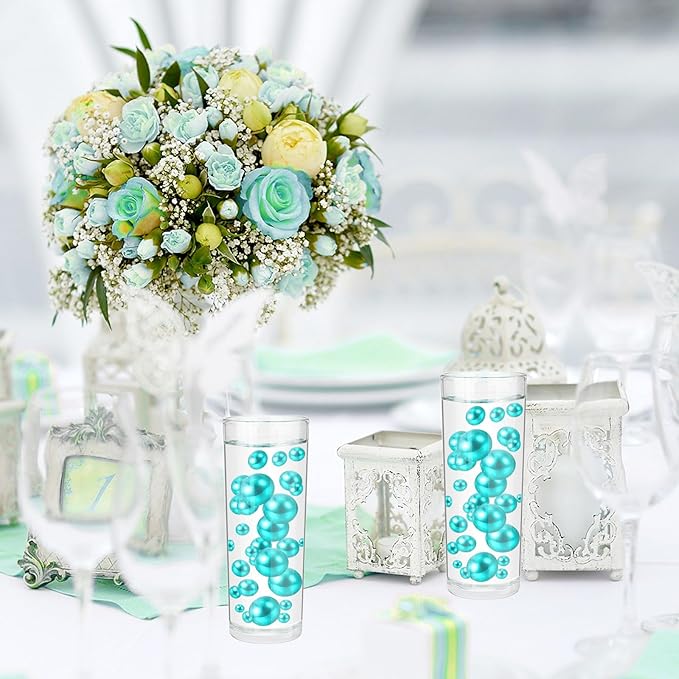 200PCS Teal Faux Pearls Beads for Centerpiece Vases, Vase Filler Faux Pearls, No Holes Filler Beads for Party Anniversary Birthday Wedding Table Decor, 10/14/20/30mm