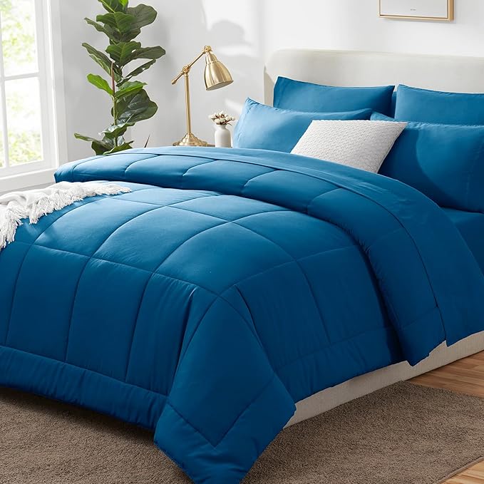 CozyLux Full Size Comforter Sets Teal, 7 Pieces Bed in a Bag, Teal Comforter Full Size, All Season Bedding Sets with Stitch Quilted Comforter, Flat Sheet, Fitted Sheet, Pillowcases