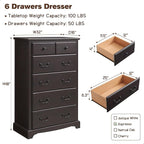 T4TREAM 6 Drawers Dresser Chests for Bedroom, 48" Tall Rustic Chset of Drawers, Wood Dressers Organizer for Bedroom, Living Room,Hallway, Espresso