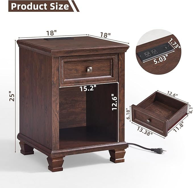 Farmhouse Side Table Set of 2 with Charging Station, Rustic Wood End Table with Drawer, Small Nightstands with Open Shelf for Bedroom, End Tables for Living Room, Walnut