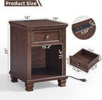 Farmhouse Side Table Set of 2 with Charging Station, Rustic Wood End Table with Drawer, Small Nightstands with Open Shelf for Bedroom, End Tables for Living Room, Walnut