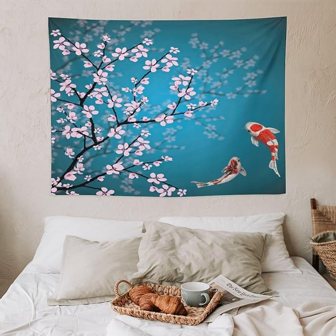 Japanese Koi Fish Tapestry, Cherry Blossoms Asian Oriental Green Teal Flower Branch Koi Fish Carp Tapestries Wall Hanging for Bedroom Living Room Office Decor 40"x30"