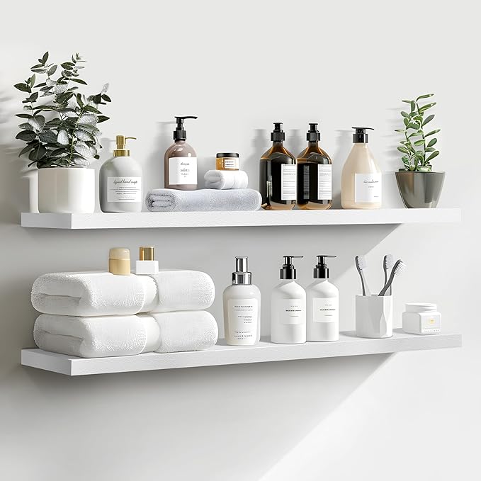 LaVie Home Floating Shelves, 36 Inch Wall Shelf Set of 2, Hanging Shelf with Invisible Brackets, Wall Decor for Bathroom, Bedroom, Living Room, Kitchen Storage, Modern White