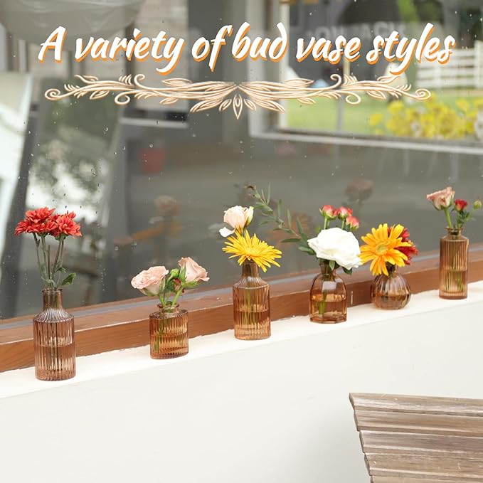 Bud Vases Set of 12, Amber Vase Small Glass Vases for Flowers Modern Ribbed Amber Glass Bud Vase for Decor Flower Vase in Bulk Vintage Decor Boho Wedding Centerpieces Rustic Home Table Decoration