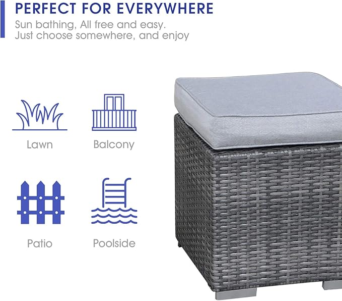 Patiorama 2 Pieces Assembled Outdoor Patio Ottoman, Indoor Outdoor All-Weather Grey Wicker Rattan Outdoor Footstool Footrest Seat with Light Grey Cushions, No Assembly Required