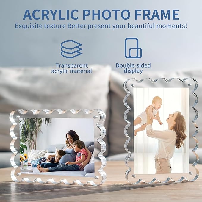 3-Pack 4x4 Acrylic Magnetic Picture Frames – Double-Sided Clear Lucite Block Frames with Scalloped Edges, UV-Protected Freestanding Desktop Photo Display