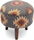 Handmade Kilim Jute Pouf Ottomans Wooden Seating Stool for Living Room, Bedroom (16" D x 16" W x 16" H) (Grey)