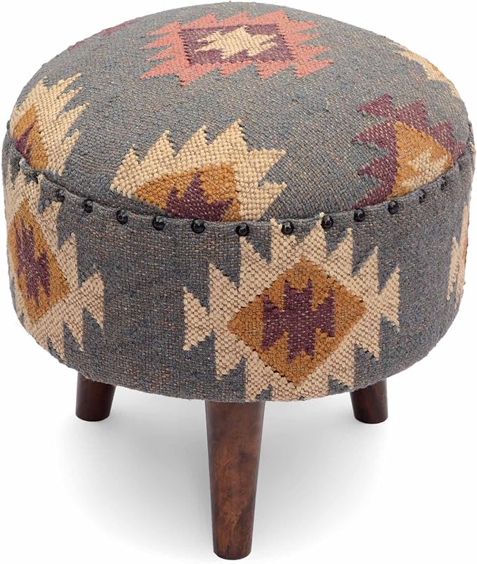 Handmade Kilim Jute Pouf Ottomans Wooden Seating Stool for Living Room, Bedroom (16" D x 16" W x 16" H) (Grey)
