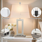 Table Lamp Set of 2 with USB C+A Ports & AC Outlet, Bedside Lamps, Modern Bedroom Lamps, Silver Lamps for Night Stands Bedroom Living Room,Nightstand Lamp