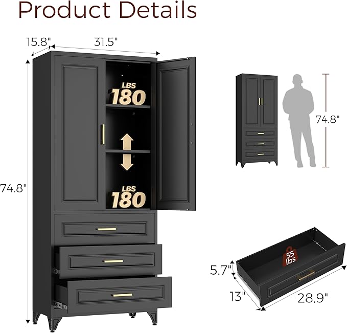 75" Kitchen Pantry Cabinet, Metal Storage Cabinets with Doors and Adjustable Shelves, Black Tall Pantry Cabinet with 3 Drawers for Dinning Living Room