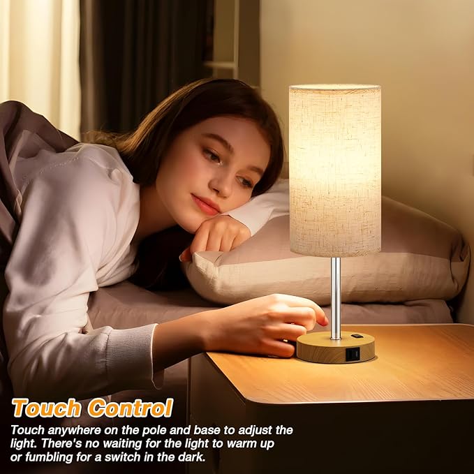 Touch Bedside Table Lamp with USB - 3 Way Dimmable Wood Lamp for Bedroom Nightstand, Desk Lamp with Charging Station for Dorm, Office, Kids Room, Living Room