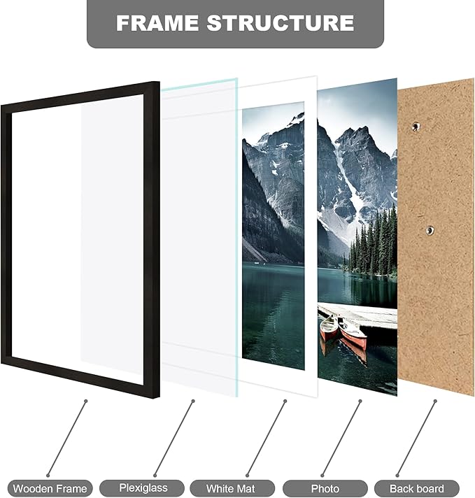 12x16 Picture Frame Set of 3 - Display 11x14 Photo with Mat or 12 x 16 Poster without Mat, Wall Mounting Horizontal and Vertical, Black