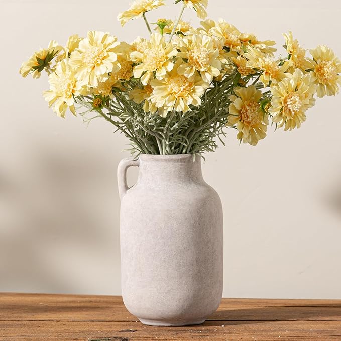 Ceramic Flower Vase Home Decor - 9.7 inch Large White Rustic Table Flowers Vases Living Room Bedroom Plant Decoration Farmhouse Vintage for Kitchen Shelf Office Coffee Dining Desk House Women