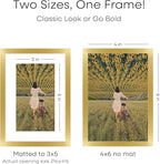 Homeforia 4x6 Picture Frame Gold, High End Metal 4 x 6 Gold Frames with Mat 3 x 5 for Print, 4by6 Desk Frame Matted to 3x5 inch Photo, 4 by 6 Wall or Tabletop Frame, Tempered Glass, Wall Kit, Set of 1