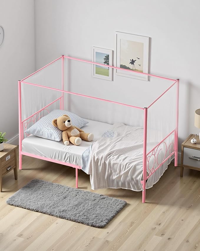 VEVOR Canopy Bed Frame Twin Size, Metal Canopy Bed with Minimalist Headboard & Four Posters Design, Heavy Duty Steel Slats Support, Underbed Storage Space, No Box Spring Needed, Easy Assembly, Pink