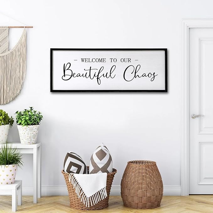 Welcome to Beautiful Chaos Framed Wall Art, 40''×15'' Rustic Horizontal Beautiful Chaos Plaque with Black Frame for Entryway Living Room, Farmhouse Long Welcome to our Chaos Wood Sign Wall Decor