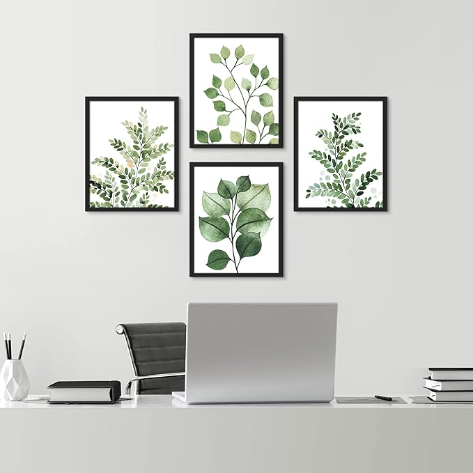 SIGNWIN Framed Green Pastel Forest Fern Leaf Wall Art, Set of 4 Collage Nature Garden Wall Decor Prints, Nature Wilderness Wall Décor for Living Room, Bedroom - 11"x14" Black