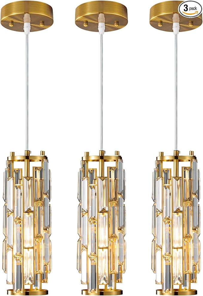 Pendant Lights Modern Gold Pendant Light Mini Crystal Chandelier Pendant Lighting for Kitchen Island Dinning Room Bedroom Kitchen Sink Lighting (Gold 3-Pack)