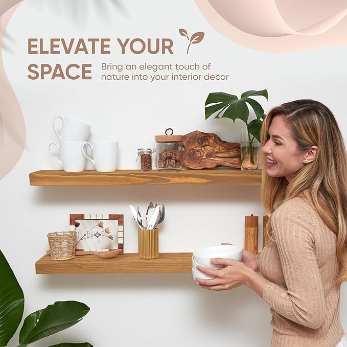 Homeforia 30 inch Golden Oak Floating Shelf, High End Solid Real Wood 30inch Small Floating Shelves for Wall Mounted, Oak Wooden 30in Floating Shelves, Heavy Duty Bracket, 30 X 6.5 X 1.75 in, Set of 4