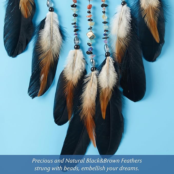 7 Chakras Dream Catchers Tree of Life Dream Catcher Black Feather Dreamcatcher Wall Decor with Healing Crystal Stone & Fluorite Wall Art Hanging for Bedroom Home Decor Bless Gift Wedding Garden