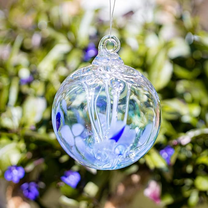 Luke Adams Glass | 3" Mini Glass Tree of Life | Handmade Ornament | Hanging Garden Gazing Ball | Indoor Outdoor Home Décor | (Blue)