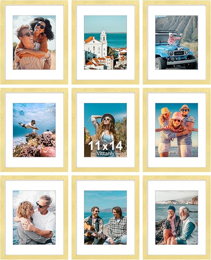 Vittanly 11x14 Picture Frames Set of 9, Shatter Resistant Plexiglass, Display 8x10 Pictures with Mat or 11x14 without Mat, Photo Frames for Wall or Tabletop, Engineered Wood, Gold