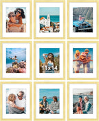 Vittanly 11x14 Picture Frames Set of 9, Shatter Resistant Plexiglass, Display 8x10 Pictures with Mat or 11x14 without Mat, Photo Frames for Wall or Tabletop, Engineered Wood, Gold