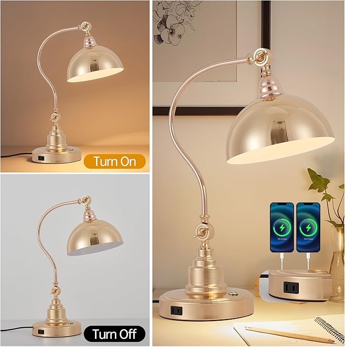 Vintage French Gold Desk Lamp Decorative Table Lamp for Home Office Living Room Bedroom Desk Light, Rustic Industrial Farmhouse Antique Library Study Desk Lamp E26 LED Bulb Included