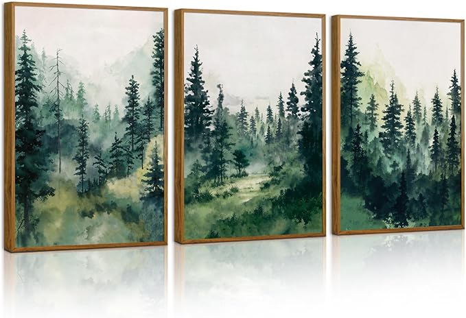 Tinonedraw Misty Forest Framed Canvas Wall Art Set, Modern Pine Trees Wall Painting, Watercolor Nature Foggy Landscape Wall Decor, Neutral Mountain ArtWork for Bedroom Living Room and Office 24"x36"x3