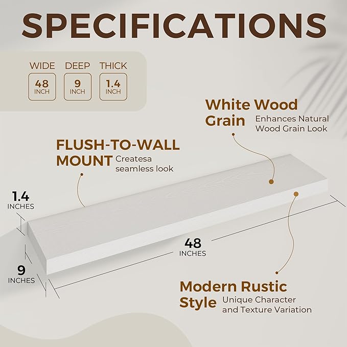 Dreamland 48 inch Floating Shelves for Wall Large Wall Mounted Shelves with Invisible Brackets, White Long Shelves for Bathroom, Living Room, Kitchen, Office, 48x9.1 inch deep Set of 2