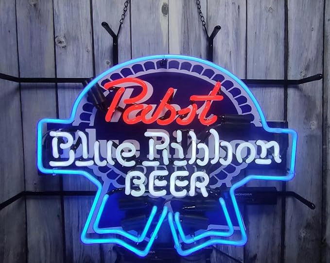 Neon Signs Compatible For Pabst Blue Ribbons Beer Bar Glass Neon Signs for Office Hotel Pub Cafe Party Man Cave Neon Light Art Wall Lights 24 X 20 Inches