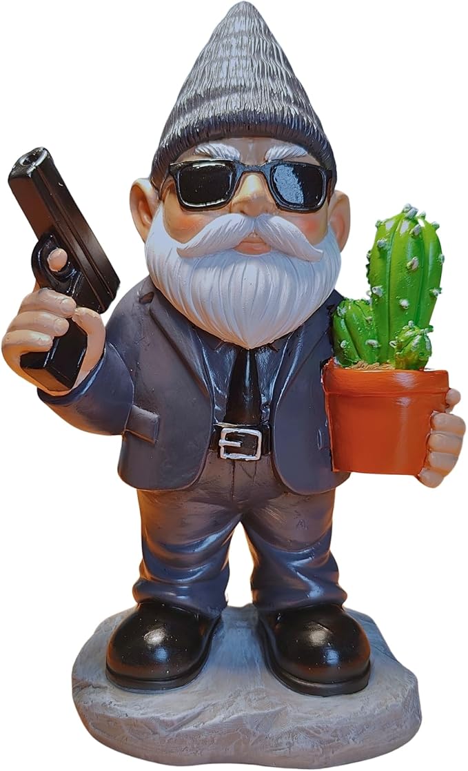 Gnome Decoration for Garden & Home - Professional Hitman Look Statue, Léon Inspired 8.7 Inch Resin Decor, Unique Outdoor Gift for Women/Men