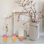 Double Sided Vintage Ribbed Taper Glass Candle Holders,Tea Candle Holder for Table Centerpieces, Wedding Decorations and Dinner Parties (Purple-Pink-Yellow, 3 PCS)