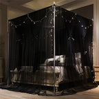 VETHIN 4 Corners Post Princess Bed Canopy Curtain Double Layer Cozy Drape Netting 4 Opening Mosquito Net for Girls & Adults Bedroom Decoration Accessories (Double Black, 64" W*82" L*82"*H/(Queen))