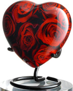 Olivia Memorials Roses Keepsake - Crimson Heart Shaped Urn with Stand - Mini Cremation Urn with Crimson Roses