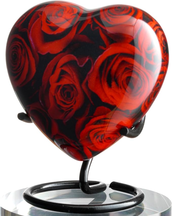 Olivia Memorials Roses Keepsake - Crimson Heart Shaped Urn with Stand - Mini Cremation Urn with Crimson Roses