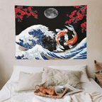 Houselerax Japanese Koi Fish Tapestry, Yin Yang Big Wave Red Cherry Blossom Tapestries Wall Hanging for Bedroom Living Room Office Decor 40"x30"