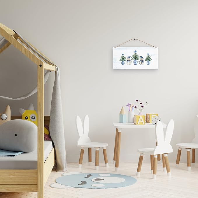 DUXMNAMG Chinoiserie Snowman Winter Hanging Wooden Signs 12x6, Blue and White Porcelain Snowman Sign, Winter ChristmasTree Blue Bow Snowman Chinoiserie Signs for Home Room Office Hanging Wall Decor