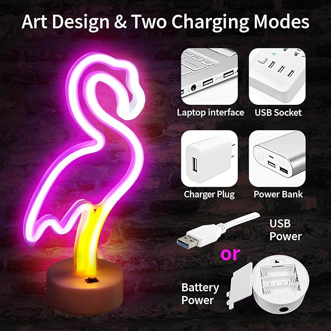 BRIGHTDECK 2 Pack Flamingo Neon Signs, LED Pink Flamingo Neon Sign Battery Operated or USB Powered Decoration Lamp, Flamingo Lights Decor for Bedroom, Wedding, Party, Pink Room Decor