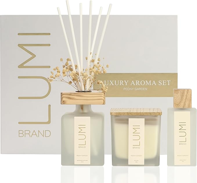 Luxury Aroma Gift Set | Peony Garden | Reed Diffuser (200ml), Wood Wick Soy Candle (200g), Room Spray (50ml) | Includes Dried Flowers & 8 Reeds | Home Fragrance Gift for Women & Home Décor