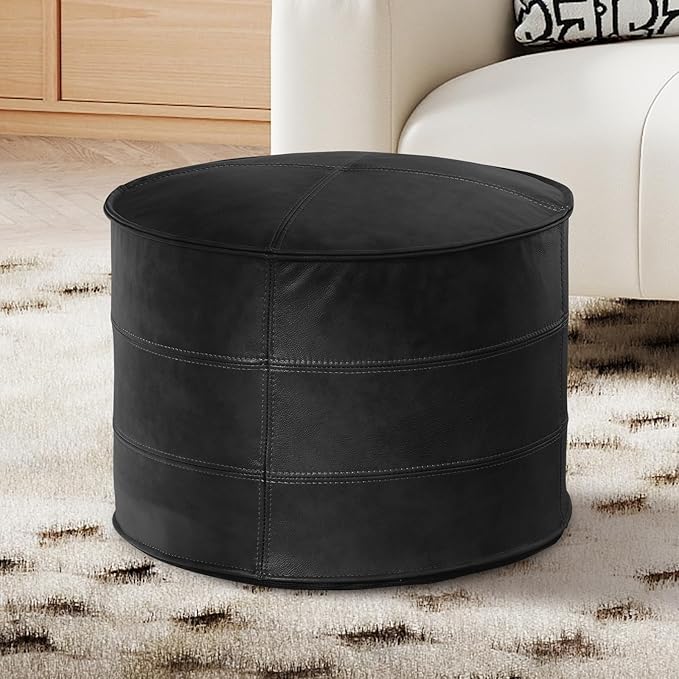 Genuine Leather Round Pouf Ottoman Footstool for Living Room, Bedroom, Indoor (Black)