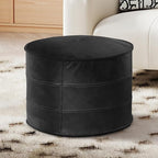 Genuine Leather Round Pouf Ottoman Footstool for Living Room, Bedroom, Indoor (Black)