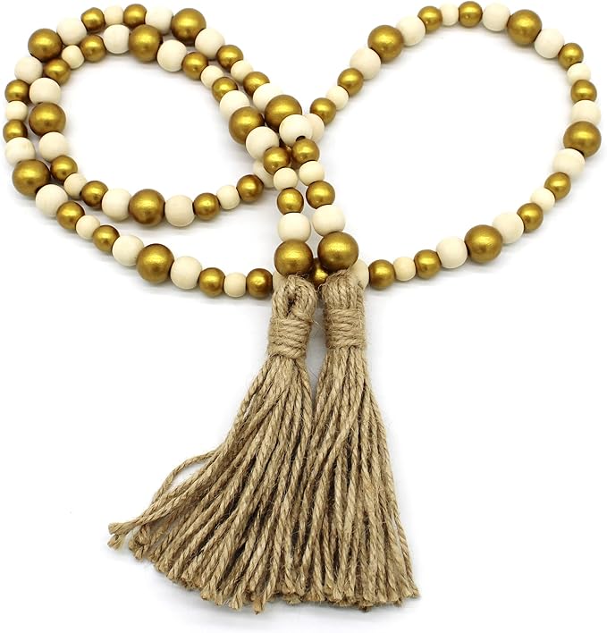 CVHOMEDECO. Wood Beads Garland with Tassels Farmhouse Rustic Wooden Prayer Bead String Wall Hanging Accent for Home Festival Decor. Gold Mix