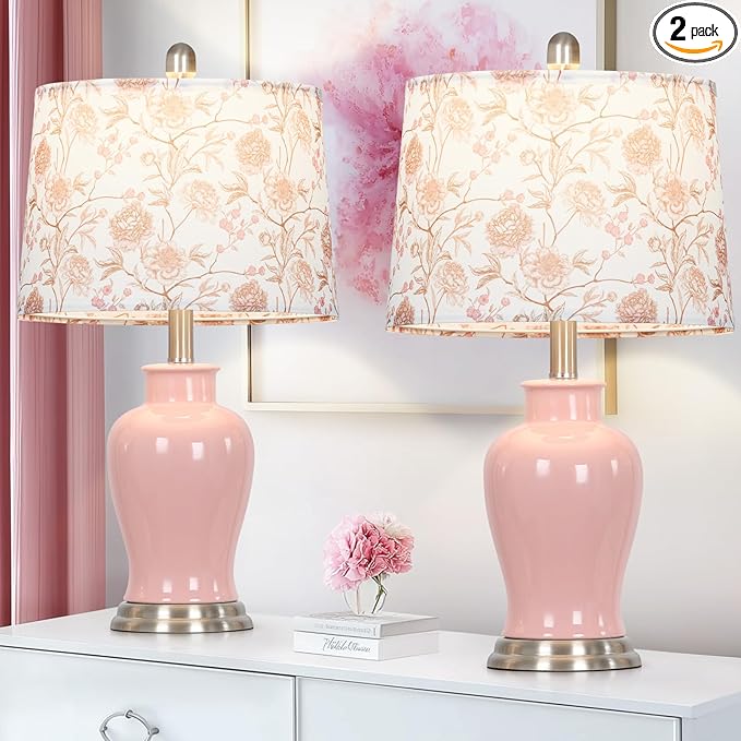 Pink Ceramic Table Lamp with Flower Lampshade, 23" Cute Bedroom Lamp with Ginger Jar Design, Modern Living Room Lamps Set 2, Elegant Bedside Lamps for Nightstand End Table Home Decor