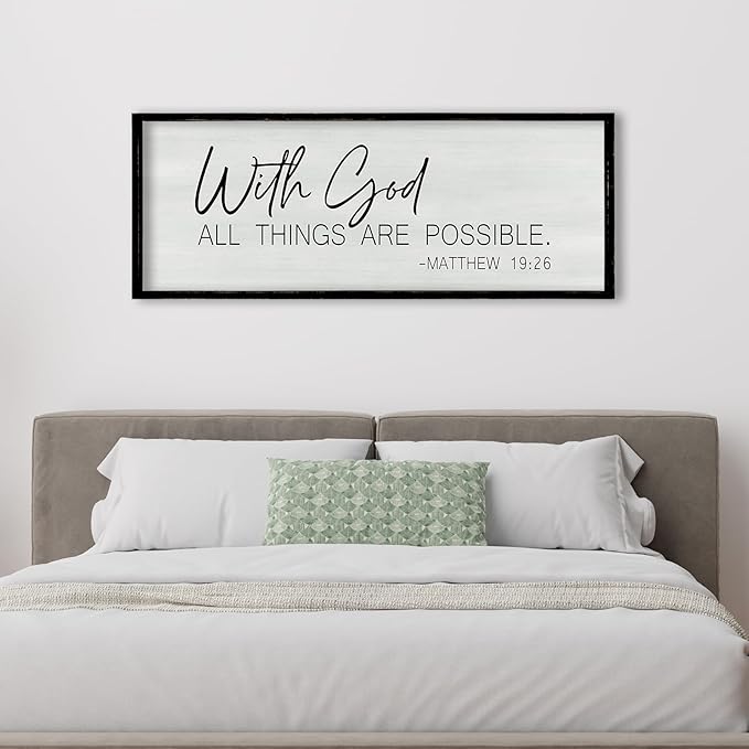 ZZJJHYWGQ Bible Verse Wall Decor With God All Things Are Possible 32"×12" Christian Religious Home Inspirational Print Catholic Sign for Living Room Religious Faith Large Hanging Art (Black)
